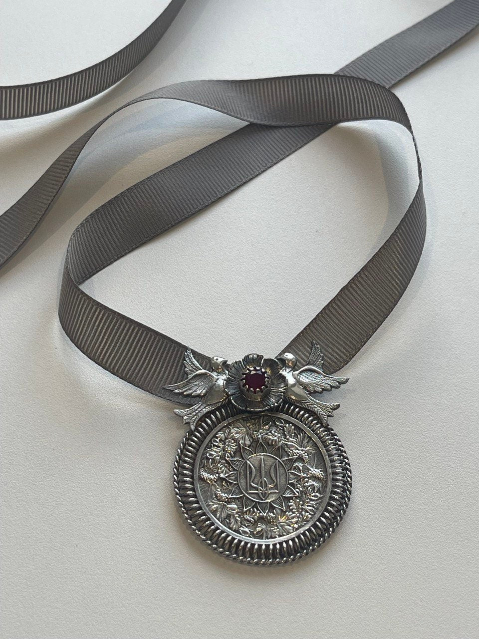 Ukrainian Silver Trident Pendant - Traditional Dukach Ethnic Necklace