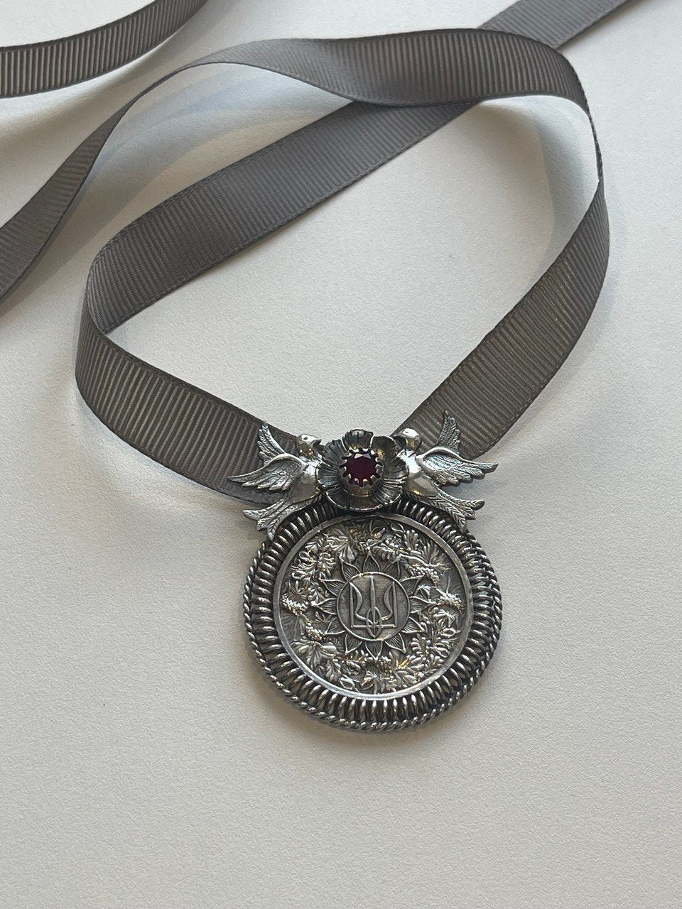 Ukrainian Silver Trident Pendant - Traditional Dukach Ethnic Necklace