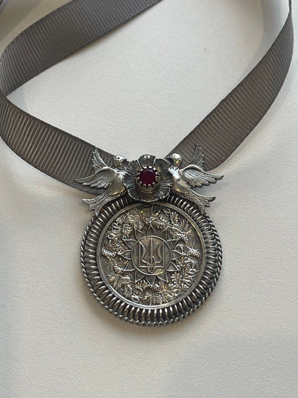 Ukrainian Silver Trident Pendant - Traditional Dukach Ethnic Necklace