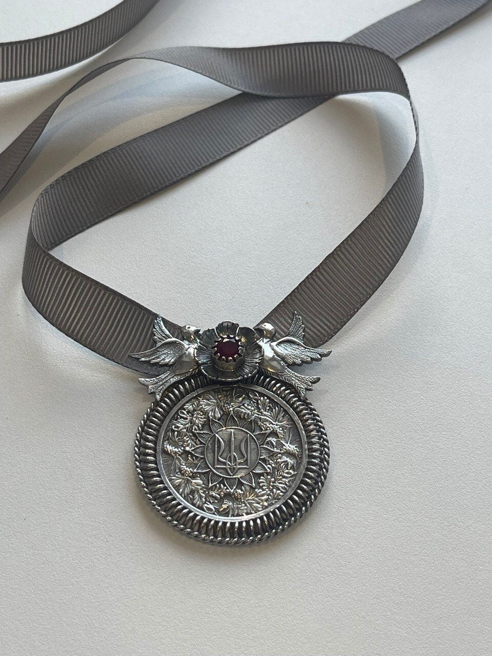 Ukrainian Silver Trident Pendant - Traditional Dukach Ethnic Necklace