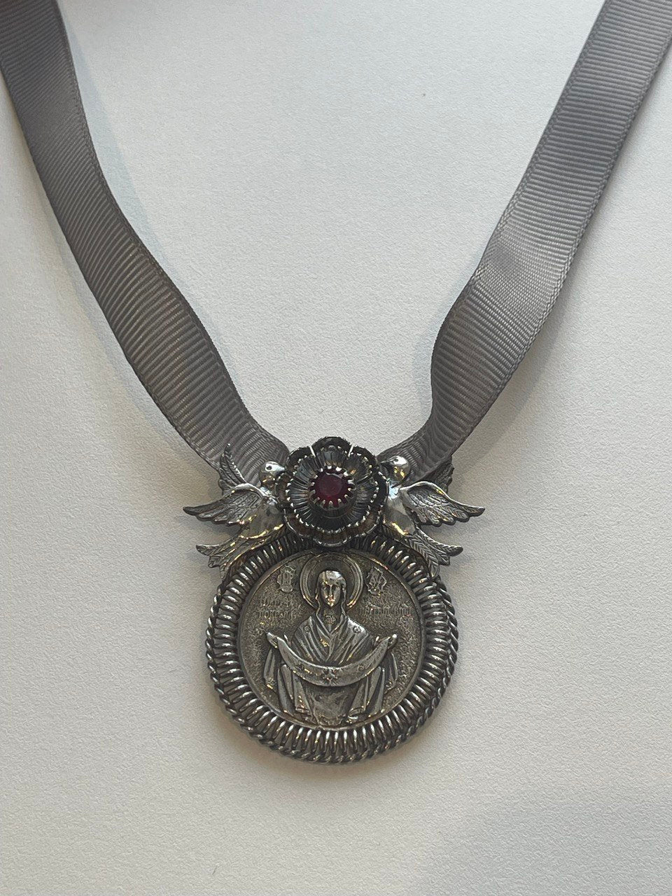 Ukrainian Silver Dukach Pendant - Mother of God's Protection Ethnic Necklace