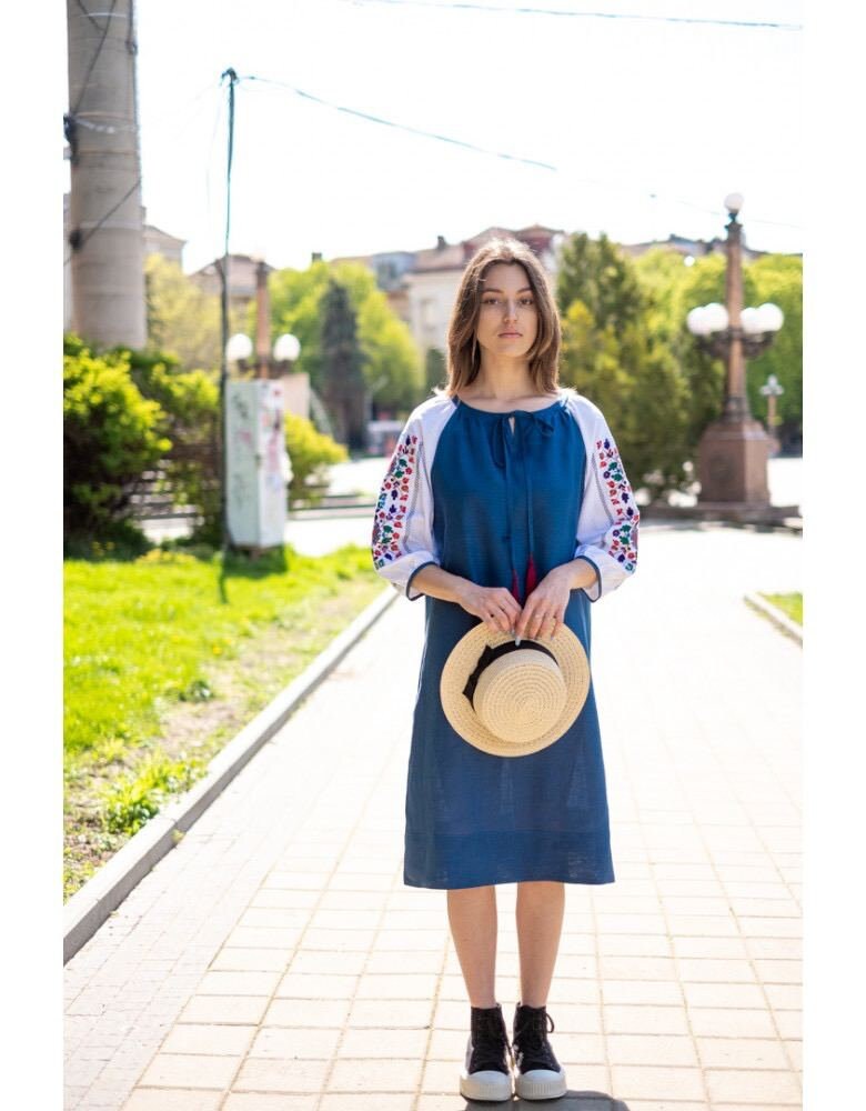 Blue Linen Ukrainian Vyshyvanka Dress - Boho Style Embroidered Clothing
