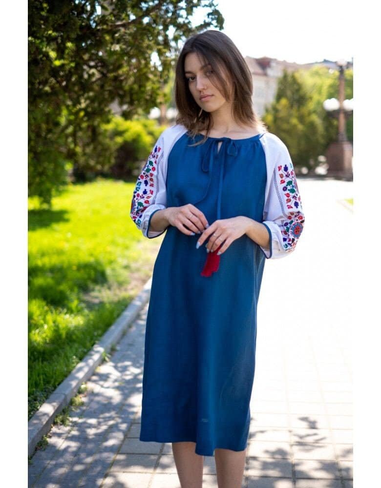 Blue Linen Ukrainian Vyshyvanka Dress - Boho Style Embroidered Clothing