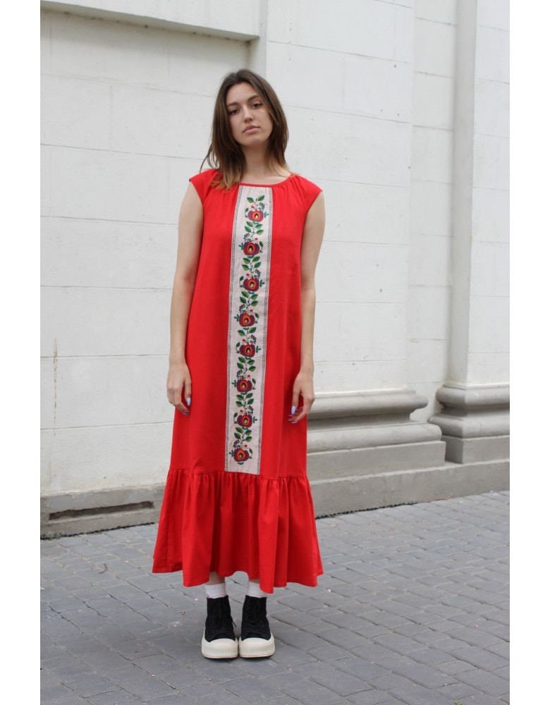 Red Linen Sundress | Traditional Ukrainian Vyshyvanka Embroidered Dress