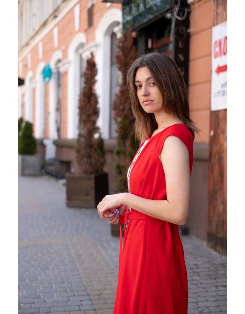 Red Linen Sundress | Traditional Ukrainian Vyshyvanka Embroidered Dress