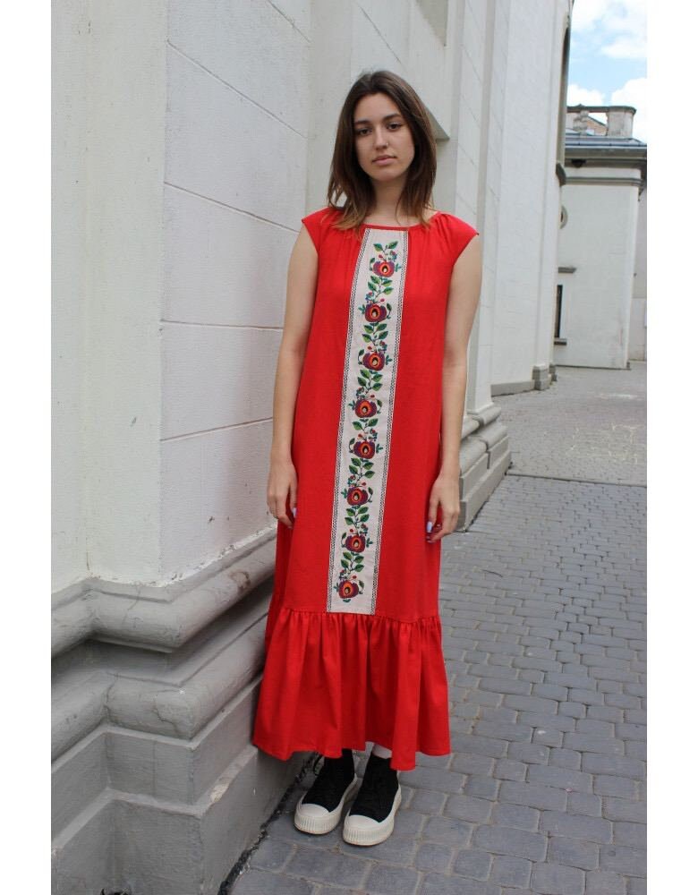 Red Linen Sundress | Traditional Ukrainian Vyshyvanka Embroidered Dress