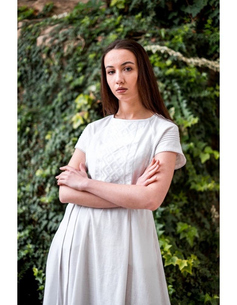 White Linen Vyshyvanka Embroidered Wedding Dress - Boho Style