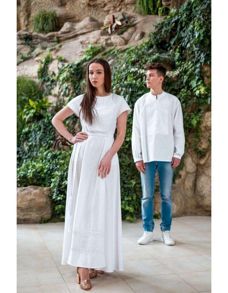 White Linen Vyshyvanka Embroidered Wedding Dress - Boho Style