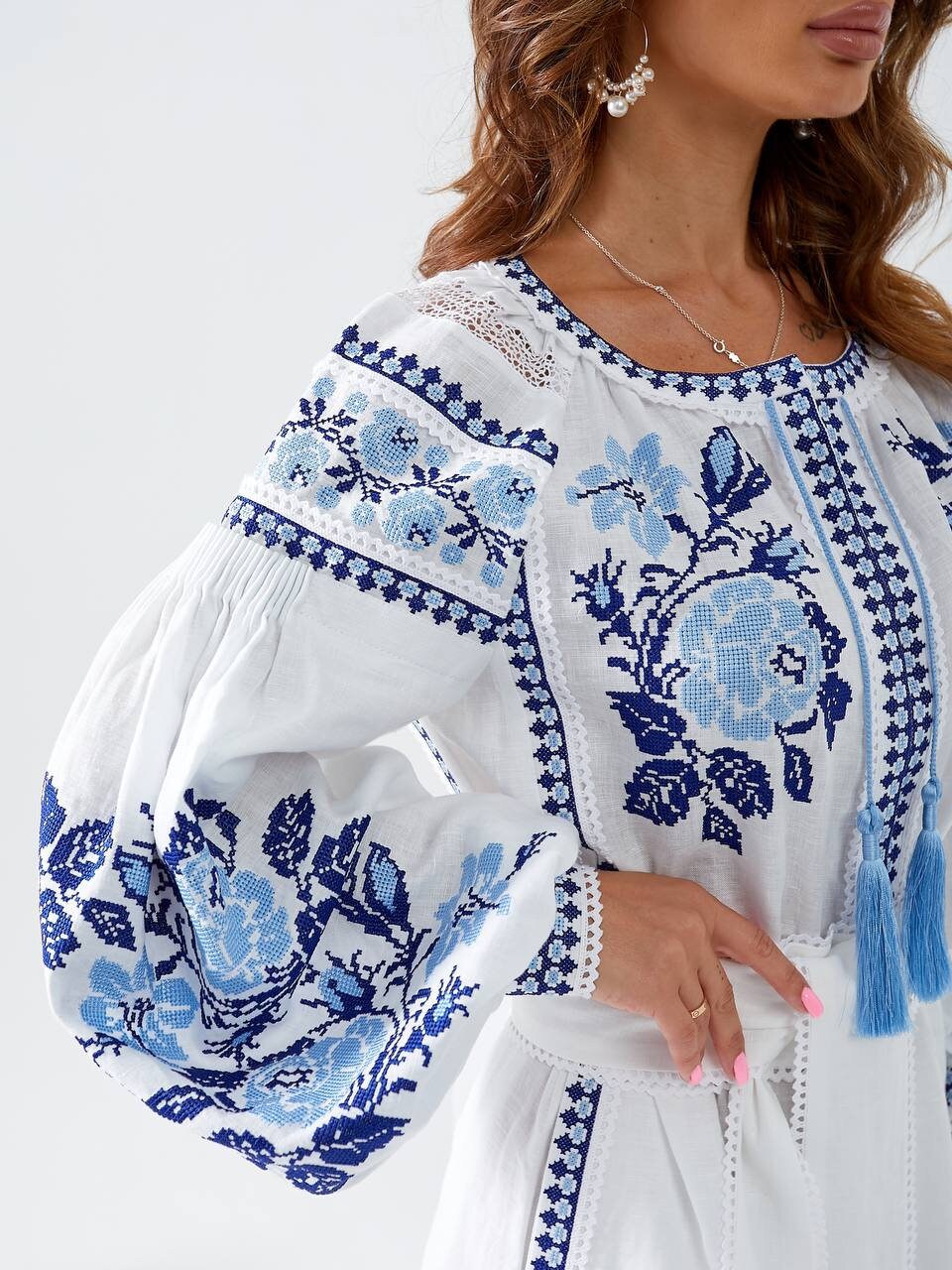 White Wedding Embroidered Dress Ukrainian Boho style Linen Dress with Exquisite Ukrainian Vyshyvanka Blue Embroidery Linen gift