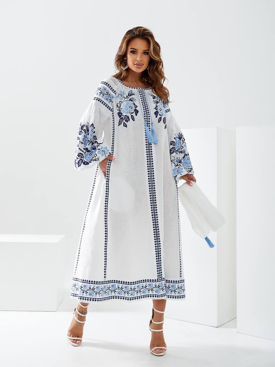 White Linen Wedding Dress with Blue Ukrainian Vyshyvanka Embroidery - Boho Style