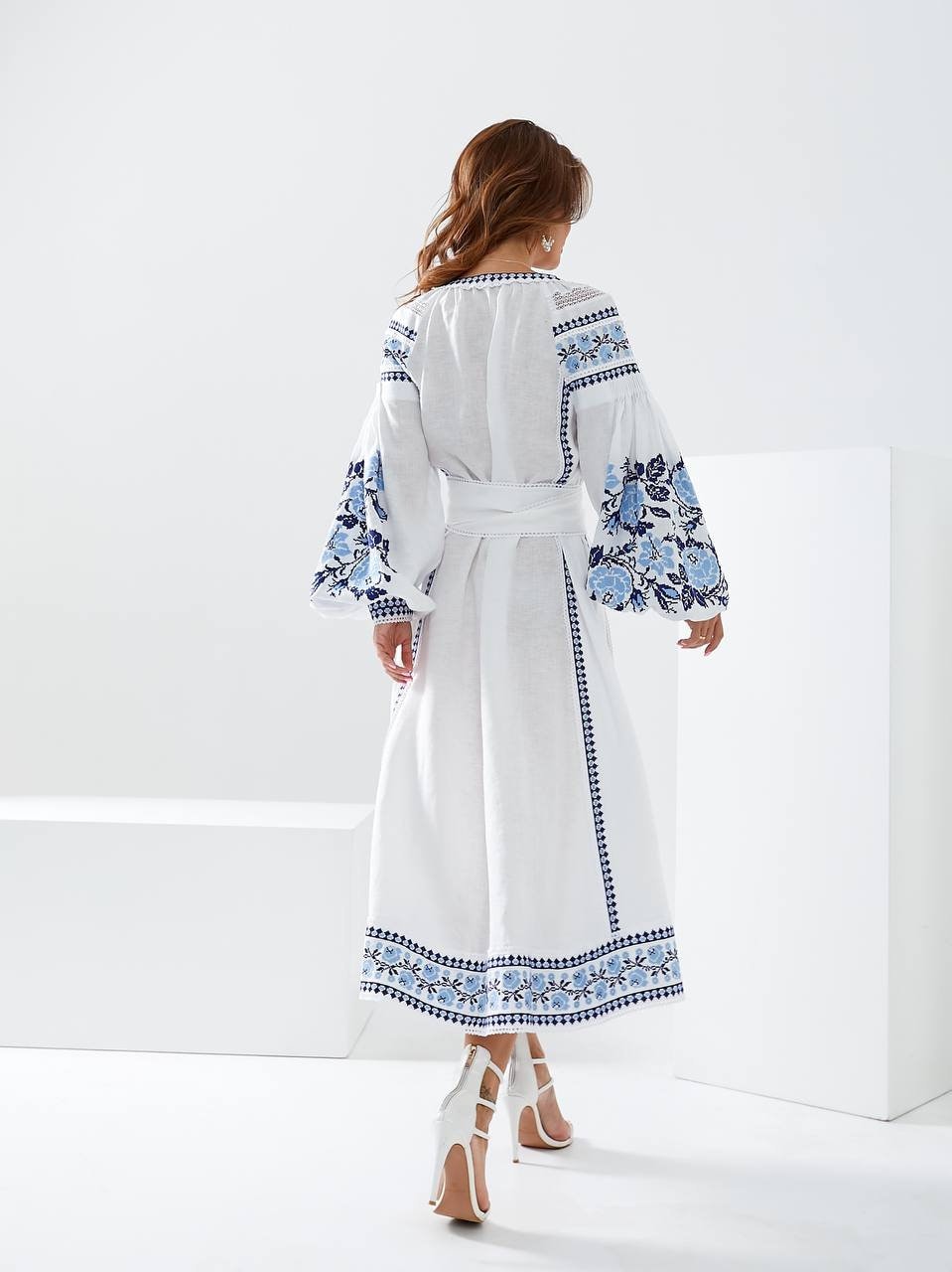 White Linen Wedding Dress with Blue Ukrainian Vyshyvanka Embroidery - Boho Style