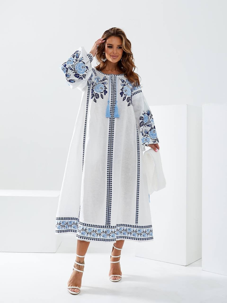 White Linen Wedding Dress with Blue Ukrainian Vyshyvanka Embroidery - Boho Style