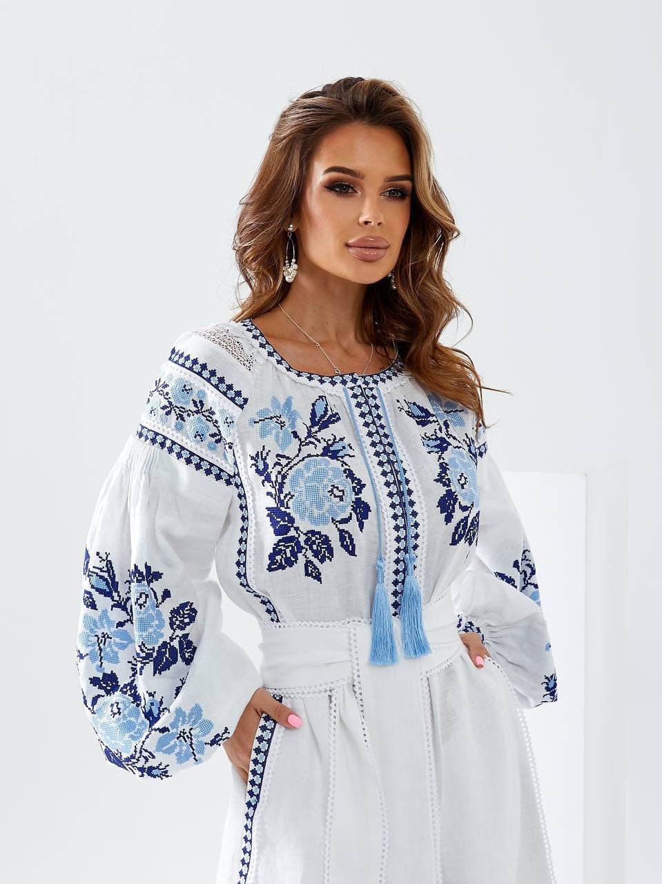 Embroidered White Wedding Dress | Floral Ukrainian Boho Vyshyvanka with Blue Embroidery