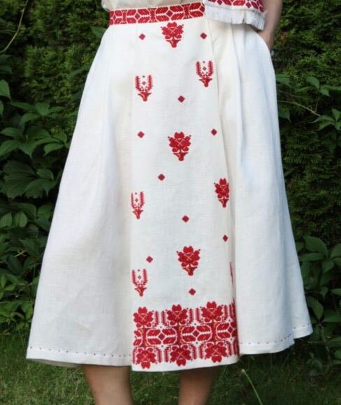 White Ukrainian Embroidered Vyshyvanka Linen Skirt for Valentine's Day