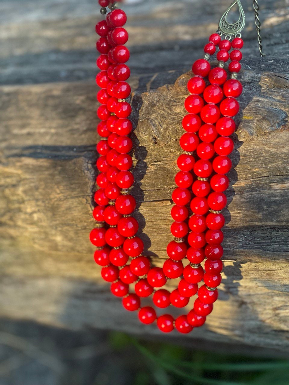 Red Ukrainian Traditional Ethnic Necklace - Natural Pressed Coral Jewelry