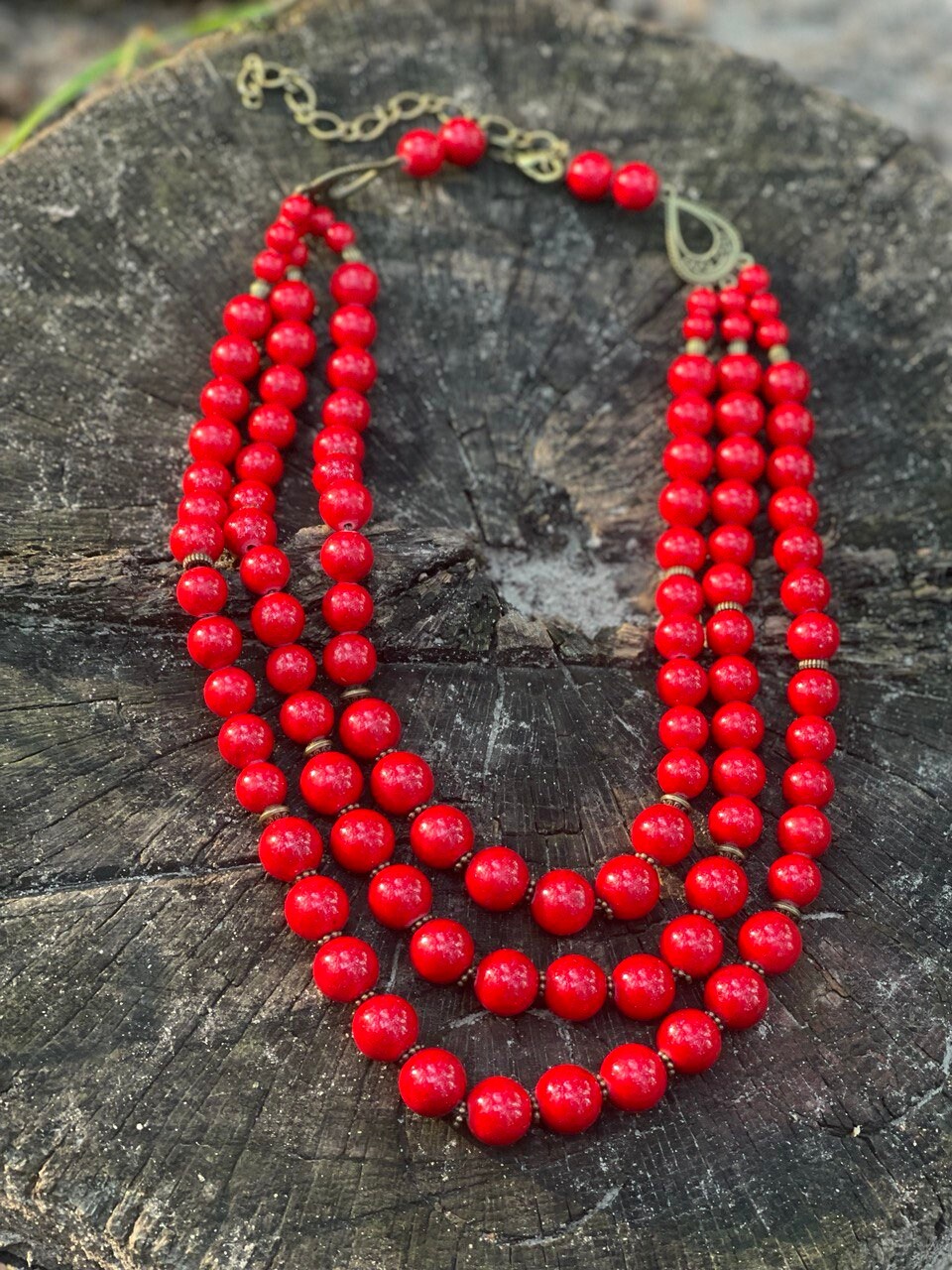 Natural Pressed Coral Red Necklace - Ukrainian Ethnic Accessory