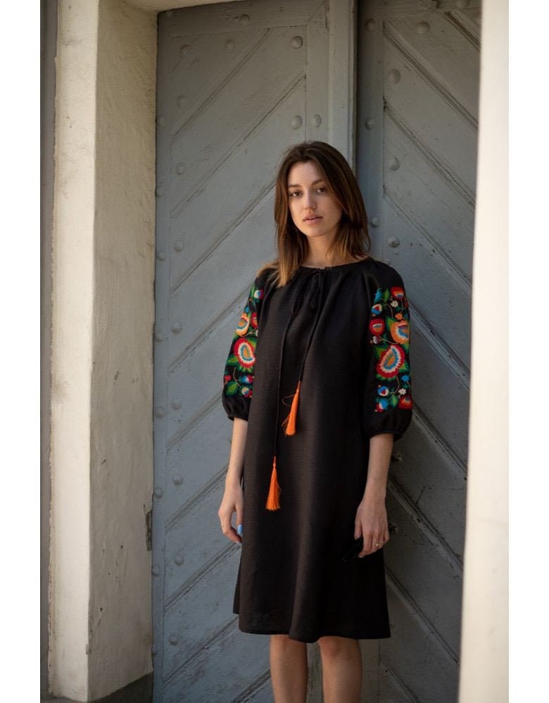 Black Linen Embroidered Dress with Embroidery Ukrainian Vyshyvanka Dress with Tassels