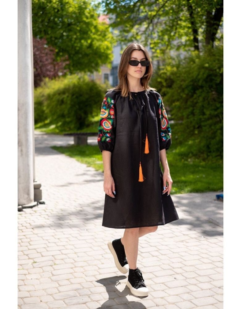 Black Linen Embroidered Dress with Embroidery Ukrainian Vyshyvanka Dress with Tassels
