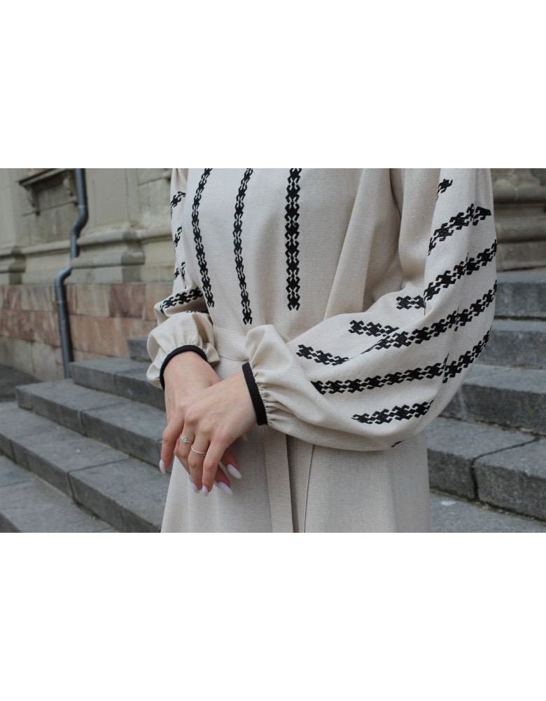 Beige Linen Embroidered Ukrainian Vyshyvanka Dress | Boho Ethnic Caftan for Easter