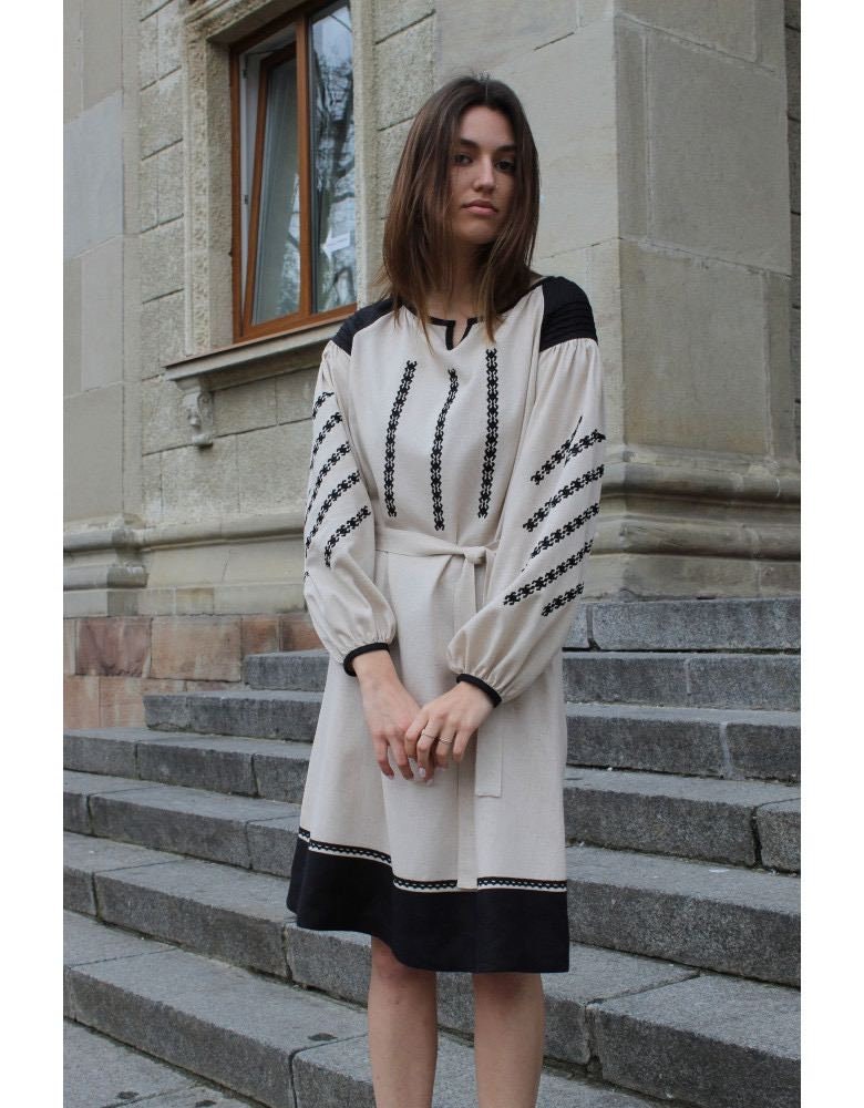 Beige Linen Embroidered Ukrainian Vyshyvanka Dress | Boho Ethnic Caftan for Easter