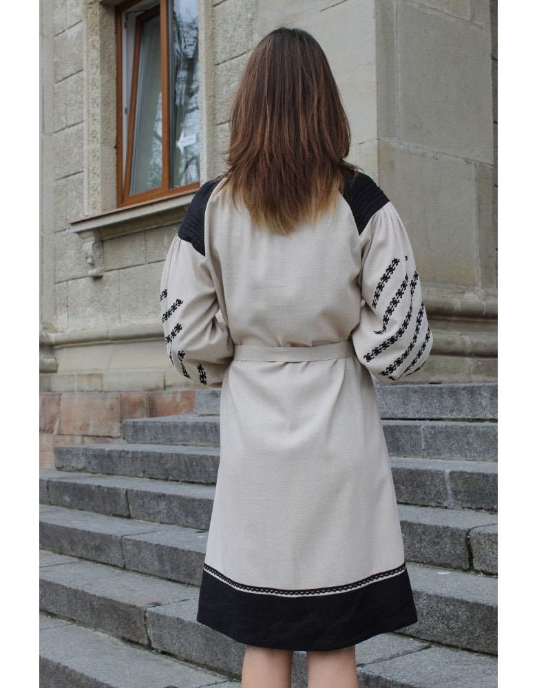 Beige Linen Embroidered Ukrainian Vyshyvanka Dress | Boho Ethnic Caftan for Easter