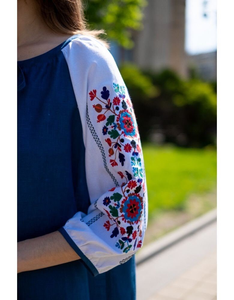 Blue Linen Ukrainian Vyshyvanka Dress - Boho Style Embroidered Clothing