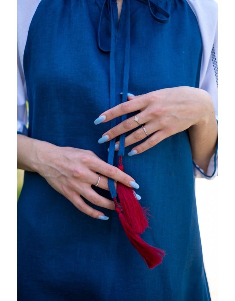 Blue Linen Ukrainian Vyshyvanka Dress - Boho Style Embroidered Clothing