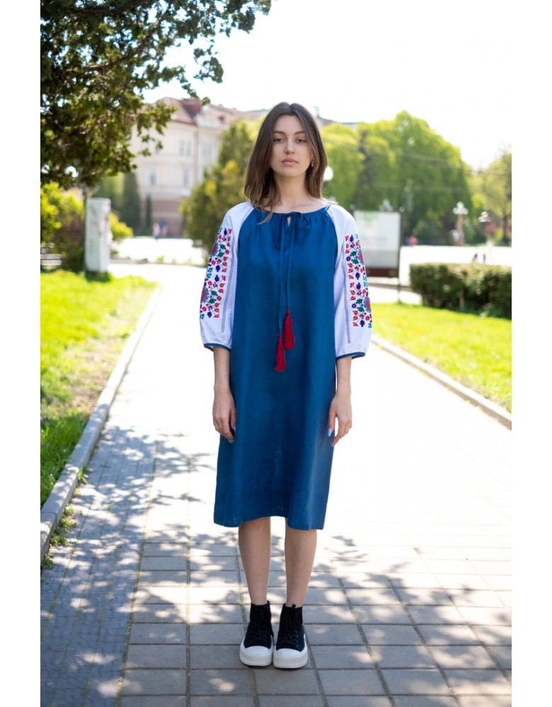 Blue Linen Ukrainian Vyshyvanka Dress - Boho Style Embroidered Clothing