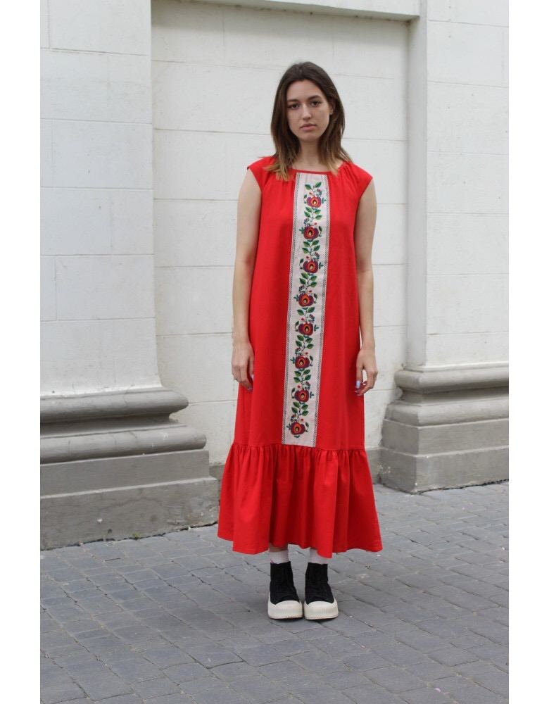 Red Linen Sundress | Traditional Ukrainian Vyshyvanka Embroidered Dress