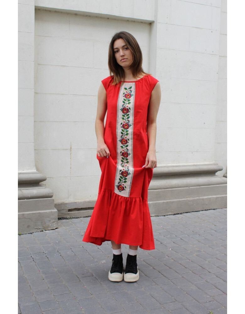 Red Linen Sundress | Traditional Ukrainian Vyshyvanka Embroidered Dress