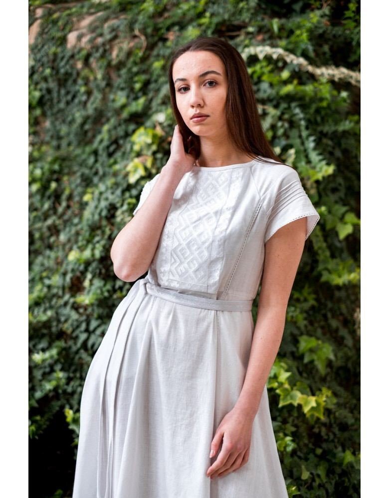 White Linen Vyshyvanka Embroidered Wedding Dress - Boho Style