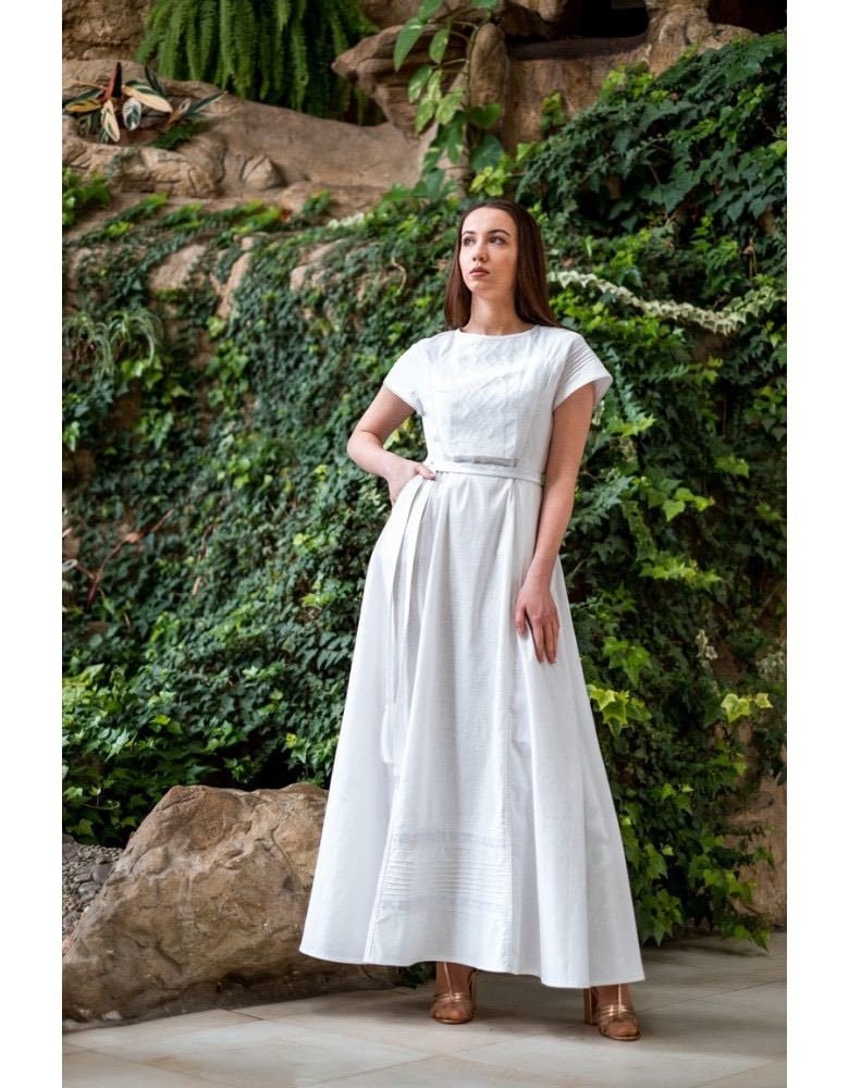 White Linen Vyshyvanka Embroidered Wedding Dress - Boho Style