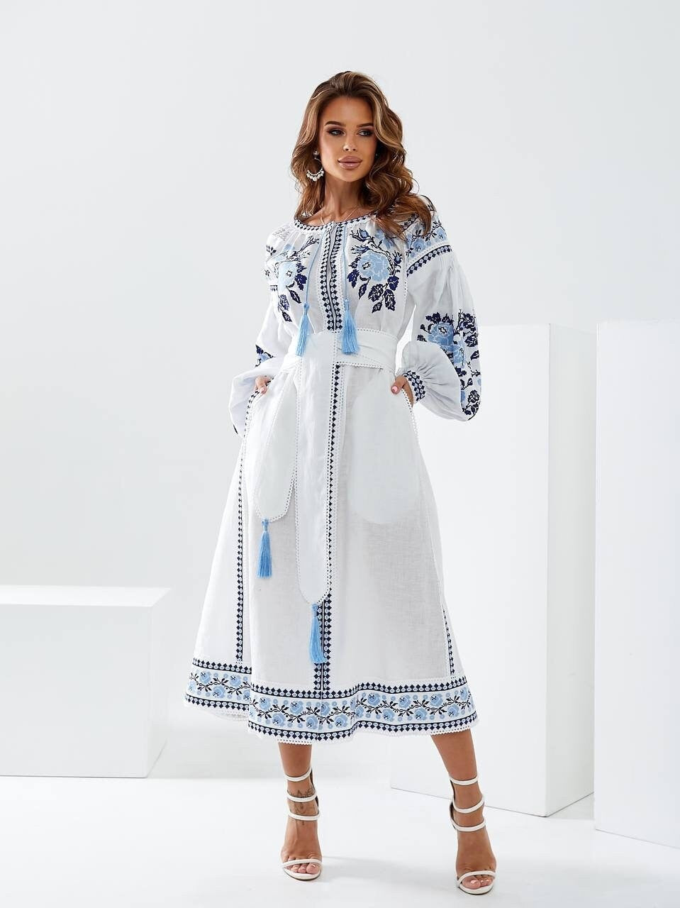 White Wedding Embroidered Dress Ukrainian Boho style Linen Dress with Exquisite Ukrainian Vyshyvanka Blue Embroidery Linen gift