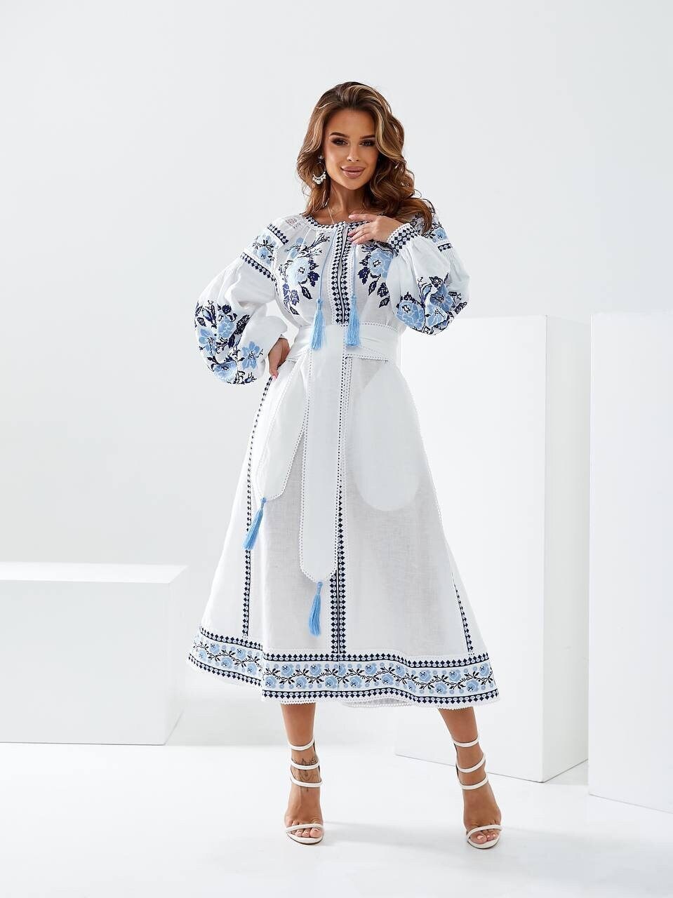 White Wedding Embroidered Dress Ukrainian Boho style Linen Dress with Exquisite Ukrainian Vyshyvanka Blue Embroidery Linen gift