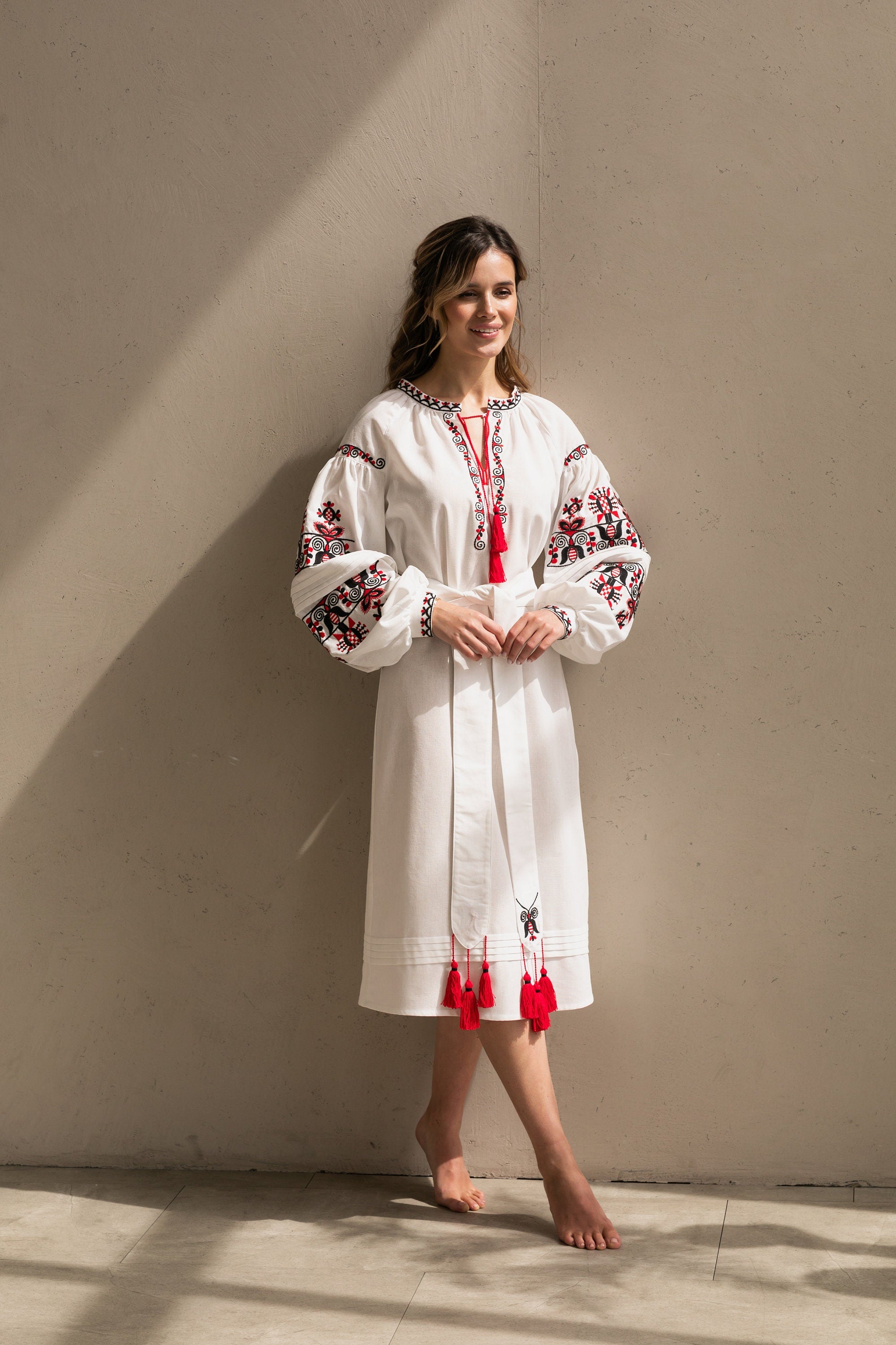 White Embroidered Ukrainian Vyshyvanka Dress - Boho Linen for Women