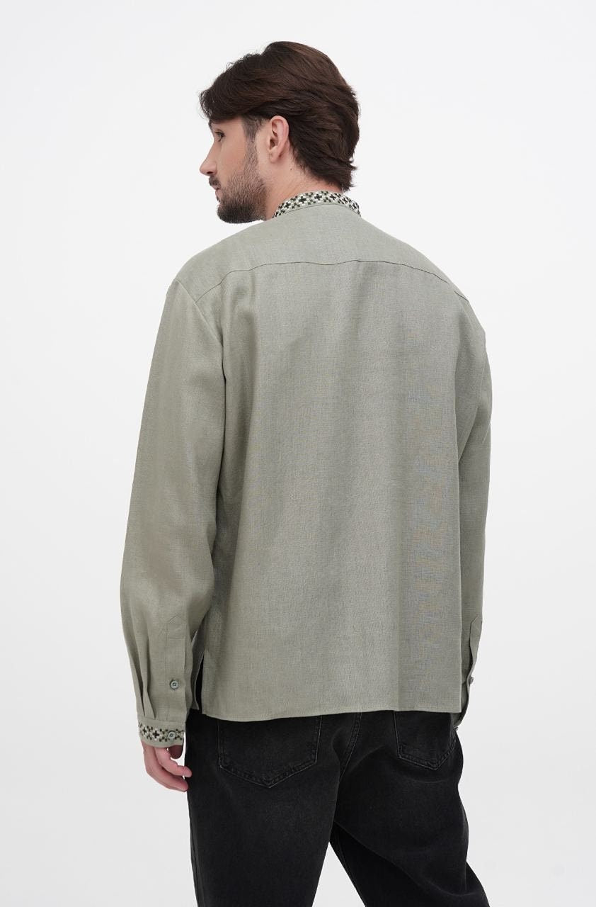 Men's Green Linen Vyshyvanka Shirt - Embroidered Ukrainian Traditional Style