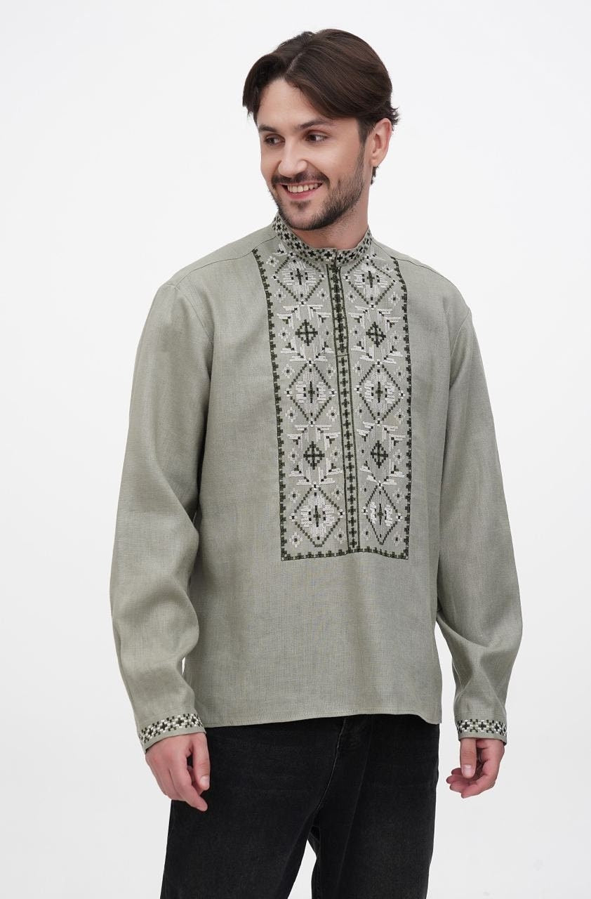 Men's Green Linen Vyshyvanka Shirt - Embroidered Ukrainian Traditional Style