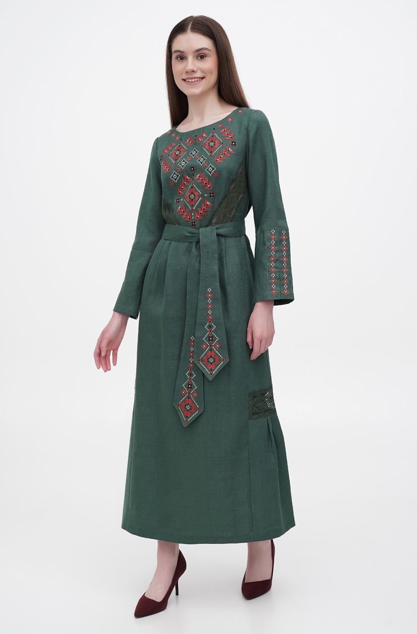 Deep Green Linen Embroidered Maxi Dress | Ukrainian Ethnic Boho Floral Style
