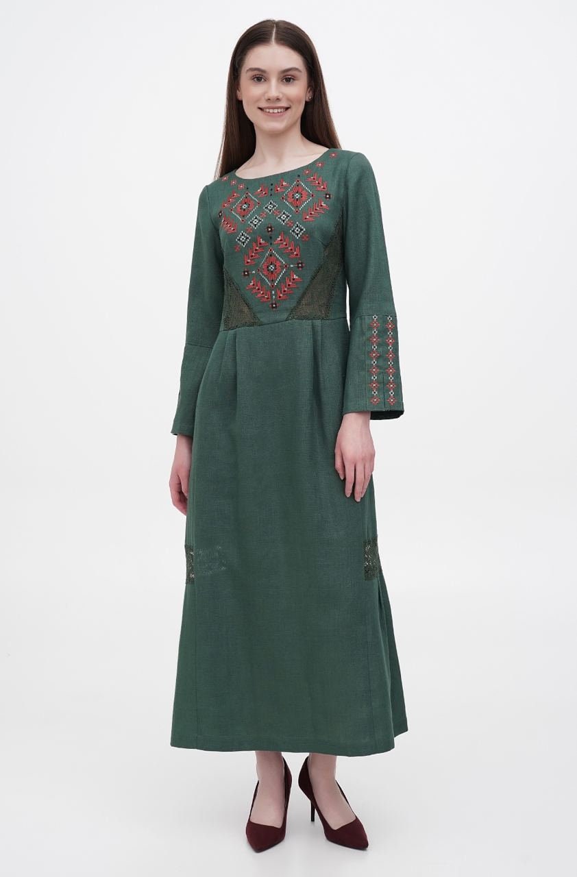Deep Green Linen Embroidered Maxi Dress | Ukrainian Ethnic Boho Floral Style