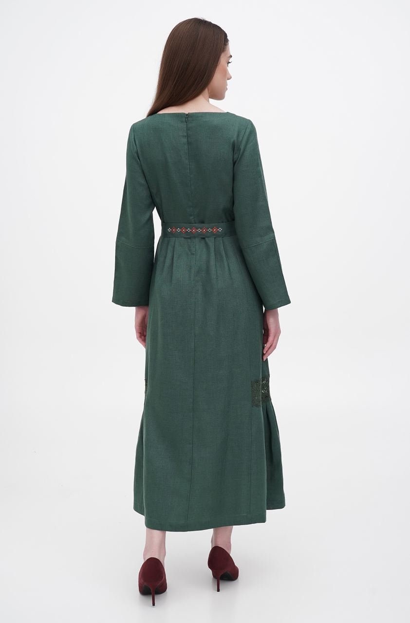 Deep Green Linen Embroidered Maxi Dress | Ukrainian Ethnic Boho Floral Style