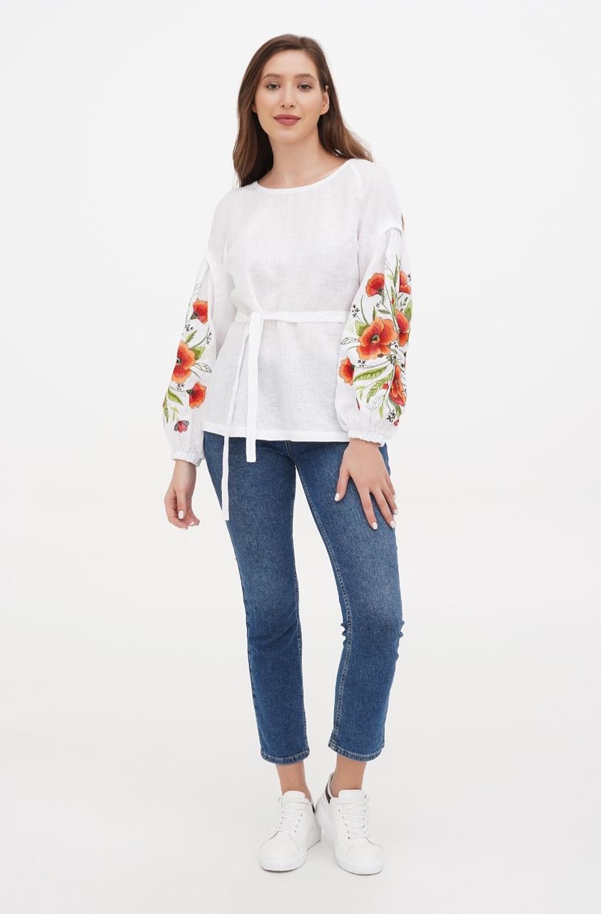 2024 White Linen Ukrainian Vyshyvanka Blouse - Bohemian Embroidered Ethnic Shirt