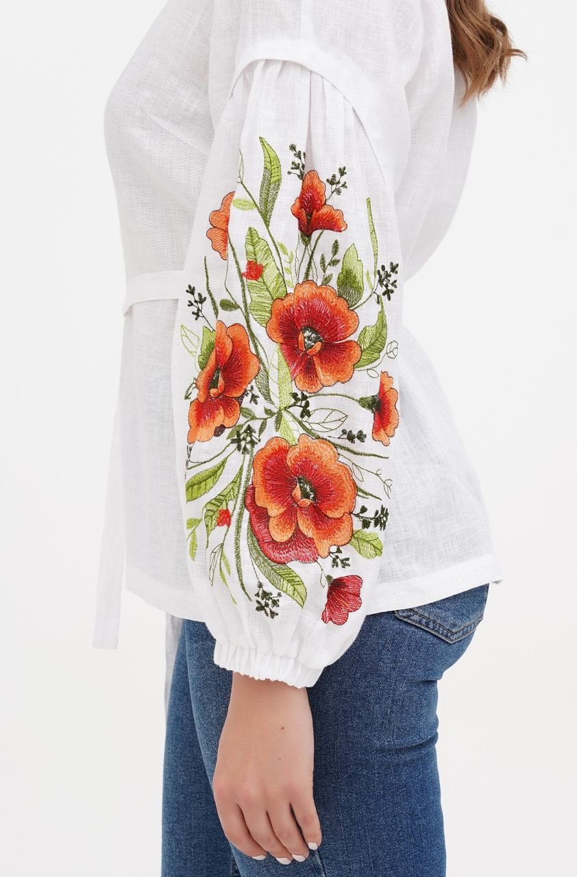 2024 White Linen Ukrainian Vyshyvanka Blouse - Bohemian Embroidered Ethnic Shirt