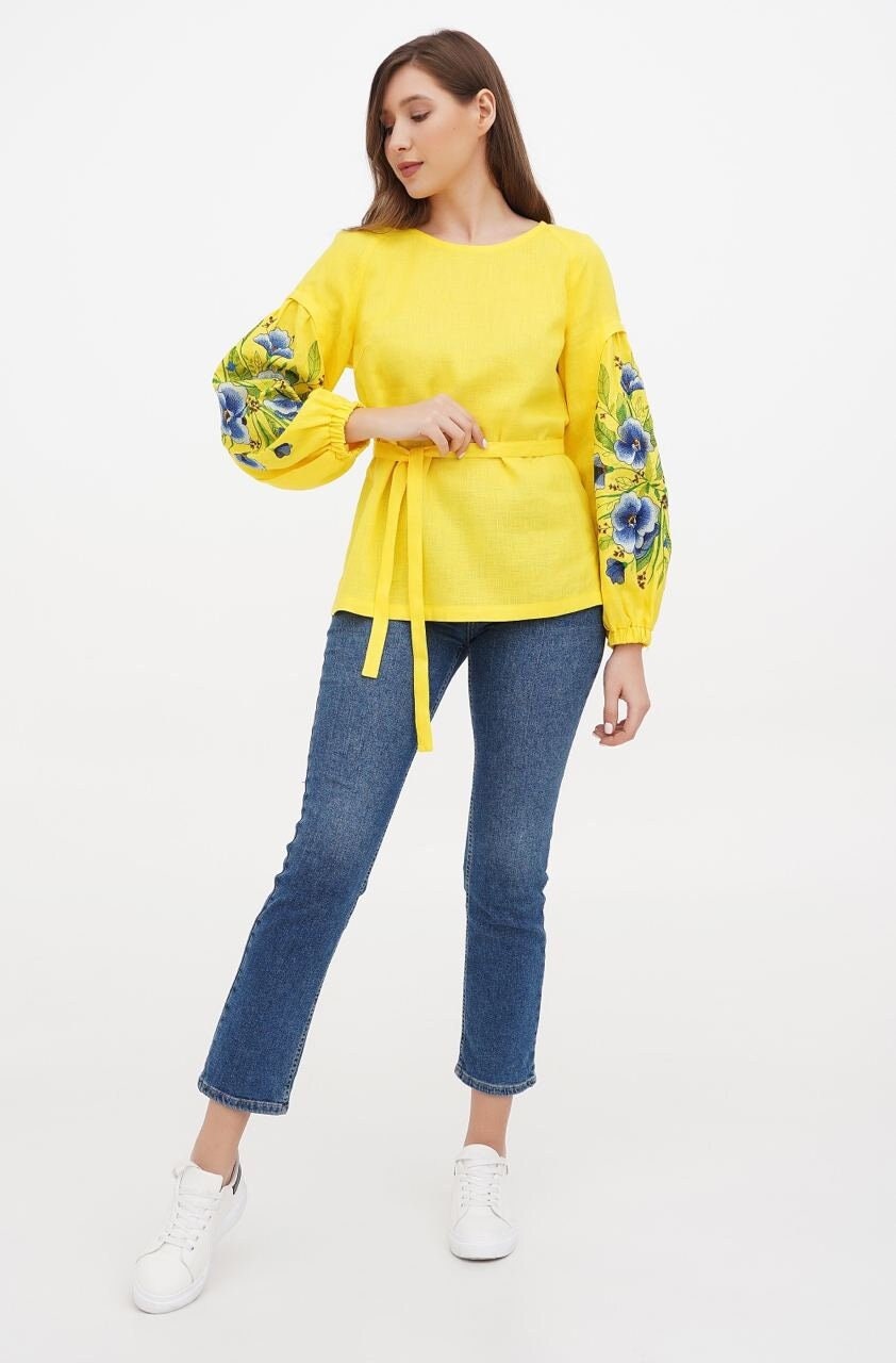 Yellow Linen Ukrainian Vyshyvanka Blouse - Bohemian Ethnic Shirt