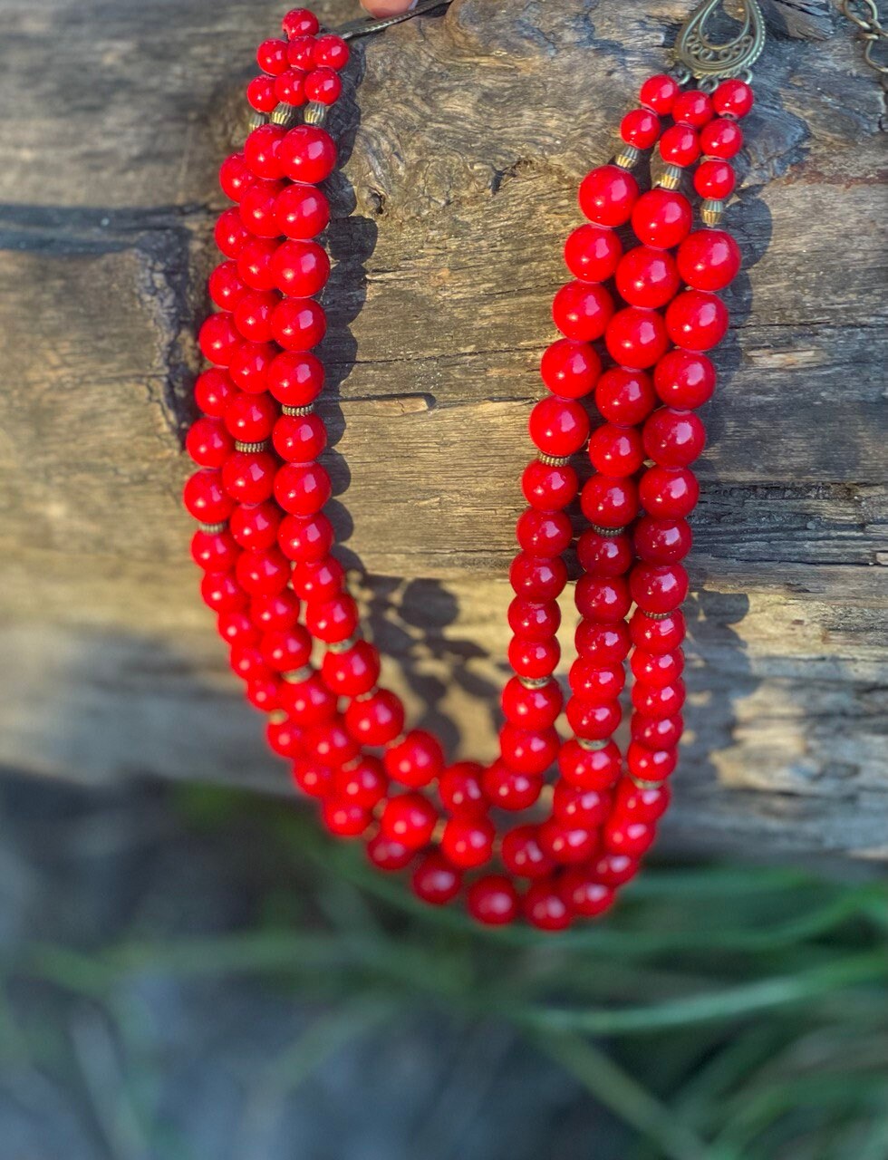 Natural Pressed Coral Red Necklace - Ukrainian Ethnic Accessory