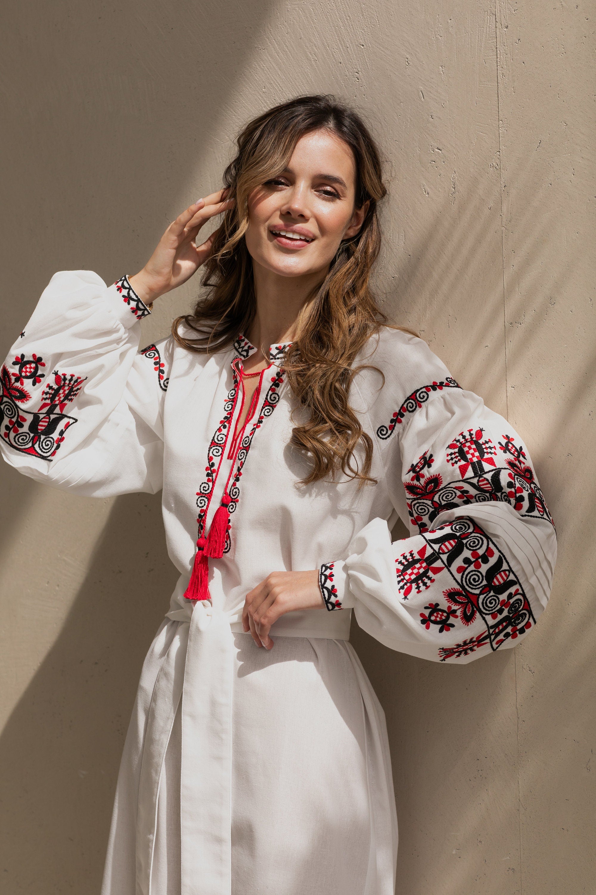 White Embroidered Ukrainian Vyshyvanka Dress - Boho Linen for Women