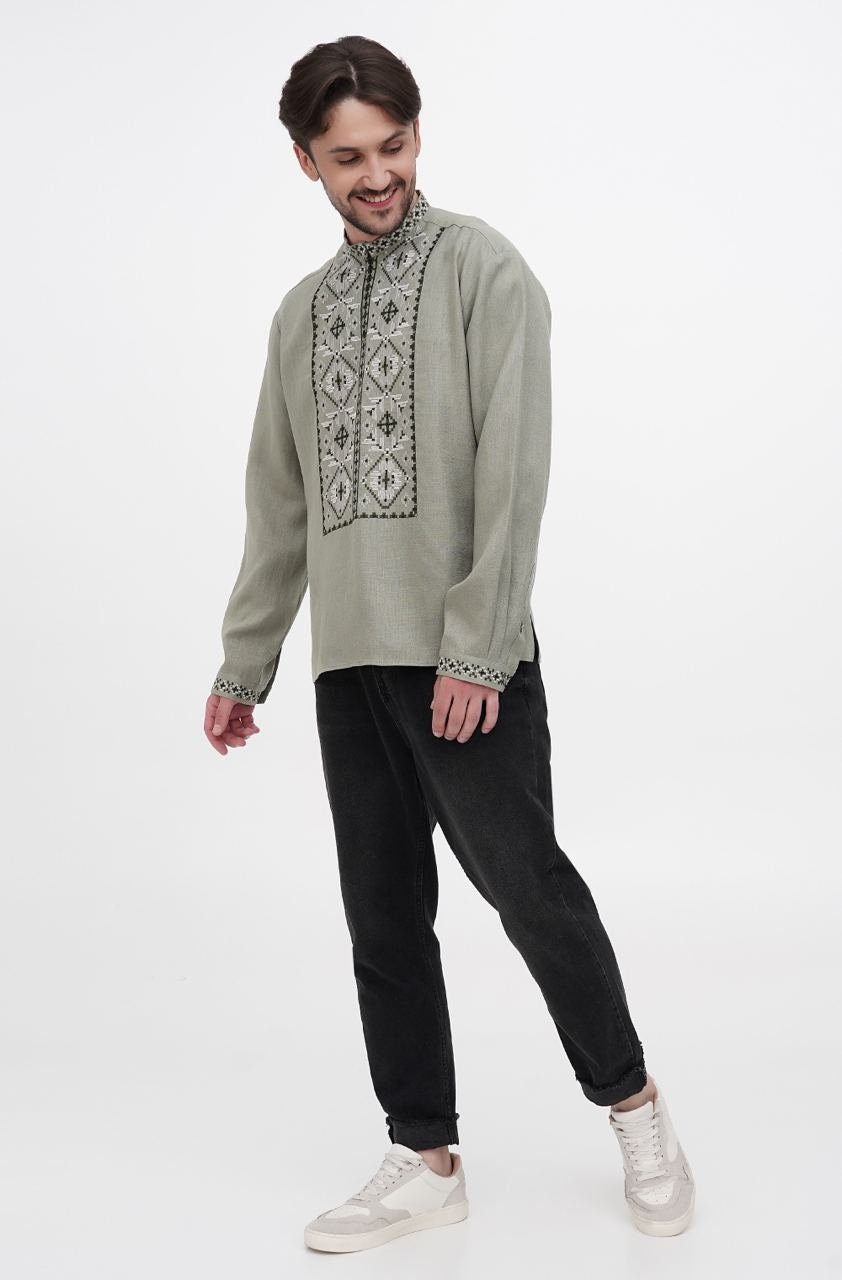 Men's Green Linen Vyshyvanka Shirt - Embroidered Ukrainian Traditional Style
