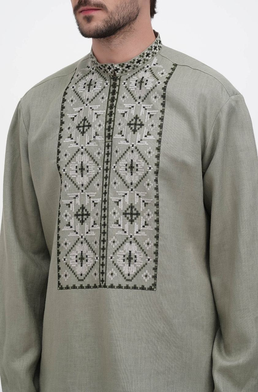 Men's Green Linen Vyshyvanka Shirt - Embroidered Ukrainian Traditional Style