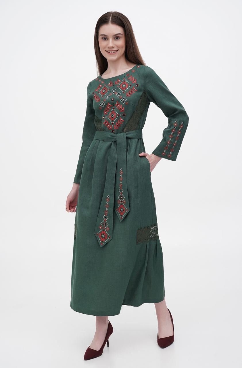 Deep Green Linen Embroidered Maxi Dress | Ukrainian Ethnic Boho Floral Style