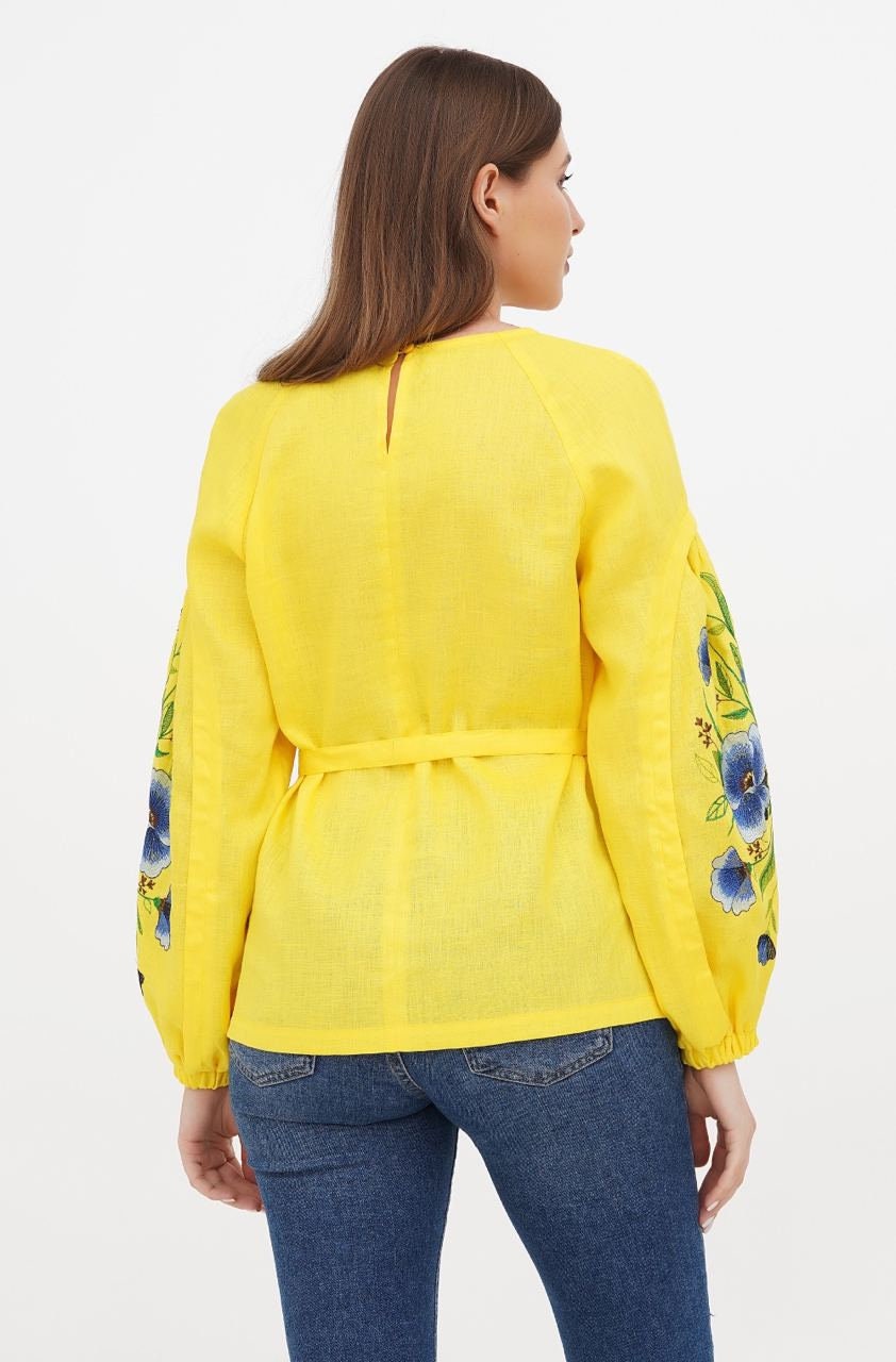 Yellow Linen Ukrainian Vyshyvanka Blouse - Bohemian Ethnic Shirt