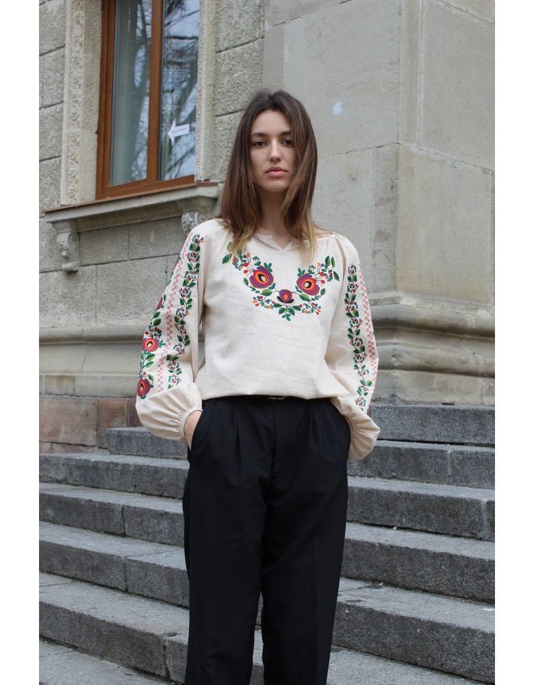 Beige Linen Ukrainian Vyshyvanka Blouse - Bohemian Embroidered Ethnic Shirt